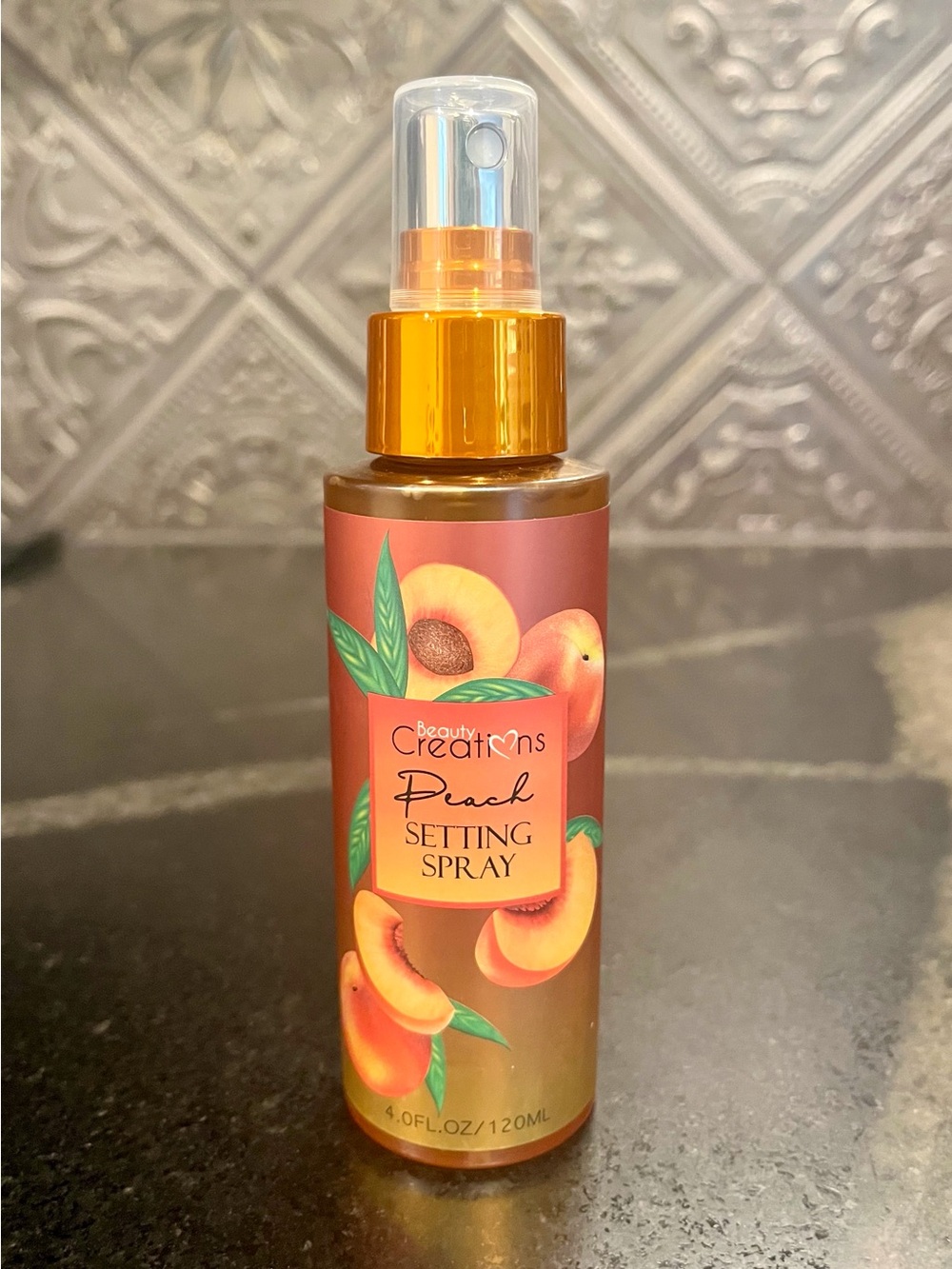 Beauty Creations Peach Setting Spray — Peach & Gold Bottle Accent